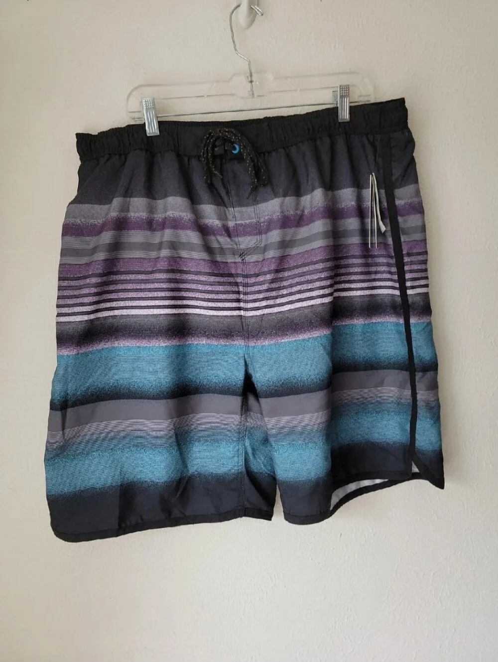 Burnside Men's Striped Swim Trunks - Black, Teal & Purple Nwt XL With Pockets